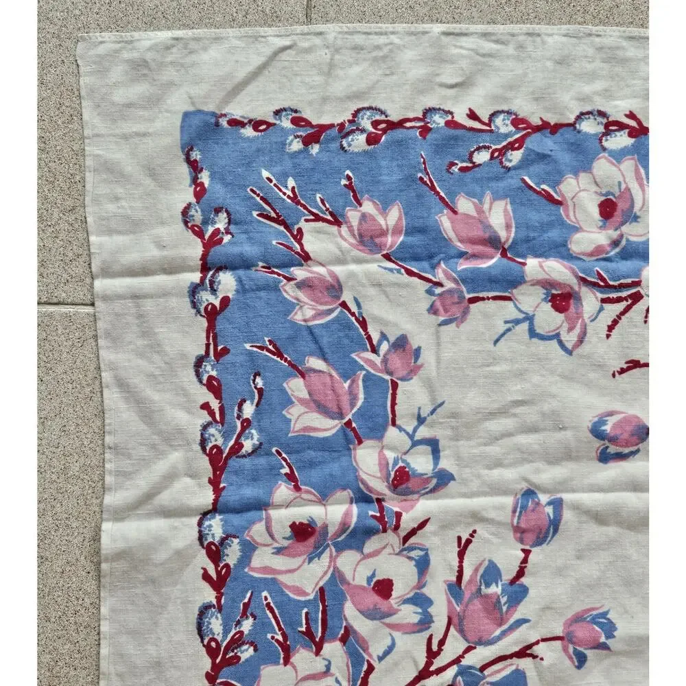 Vtg Floral Blue/Pink Cotton Tablecloth 64 x 50 Cottage Rustic Shabby Farmhouse